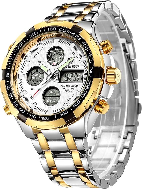 GOLDEN HOUR Luxury Stainless Steel Analog Digital Watches for Men Male Outdoor Sport Waterproof Big Heavy Wristwatch