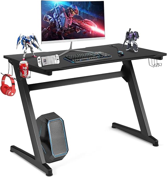 Goplus 45.5 Gaming Desk, Z Shaped Racing Game Table with Carbon Fiber Surface, Mouse Mat, Headphone Hook, Cup Holder, Game Handle Rack, Ergonomic Home Office Computer Table Gamer Workstation