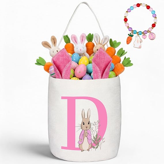OXYEFEI Personalized Easter Basket, Bunny Egg Easter Basket with Initial for Girl Boy Kids (D, Pink)