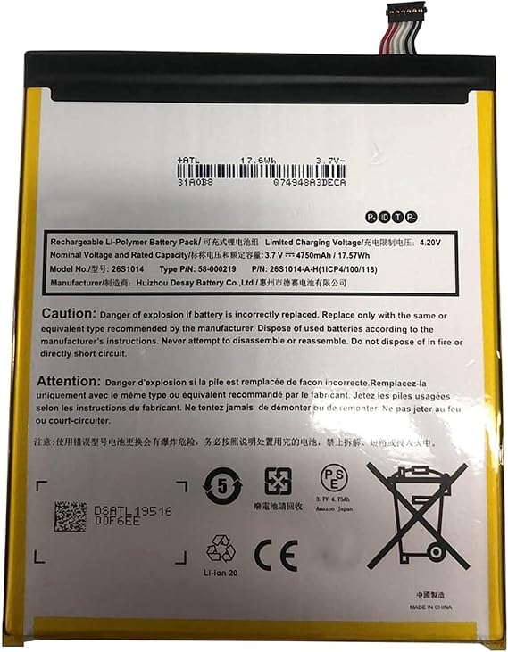 26S1014 26S1014-Y ST23 58-000181 58-000219 MC-31A0B8 1ICP4/100/118 Laptop Battery Compatible with Fire 8 7 Generation SX034QT SX0340T Series(3.8V 17.57Wh)