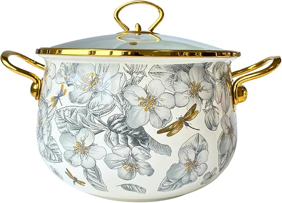 Enamel Cooking Pot with Lid,Deep Vintage Flower Stew Cooking Pot, Nonstick Thicken Saucepan with Glass Lid and Dual Handles, Large Soup Pot Safe for Induction Cookers and Stove,3L/2.7 quarts