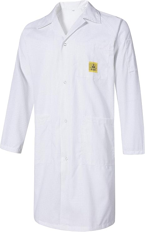 ESD Lab Coat with Lapel Collar, 3 Pockets & Snap Cuffs, Knee Length Anti-Static Jacket