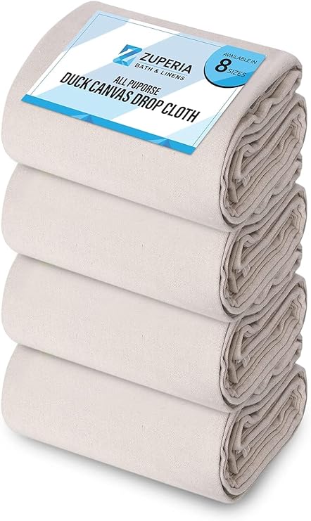 ZUPERIA Canvas Drop Cloth for Painting (Size 9x12 Feet Pack of 4) Pure Cotton Painters Drop Cloth for Painting, Furniture & Floor Protection - All Purpose Thick Canvas tarp with Double Stitched Edges