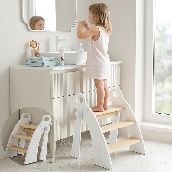 Wooden 3 Step Stool for Kids Bathroom Sink Foldable Anti-Slip, Child Stepping Stool for Kitchen Nursery Bedroom, Sturdy Non Slip Adult Stool for Closet