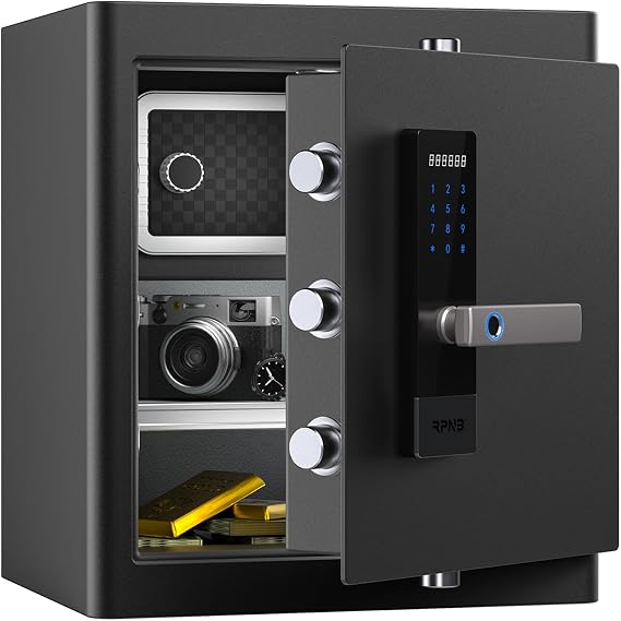 RPNB Deluxe Home Safe Box,Personal Safe,Fingerprint Cabinet Safes,1.6 CuFt | Black Metal Safe Box with Finger Print Lock,Money Safe for Home,Voice Prompt,One-Touch Unlock,Interior Box,Office,Hotel