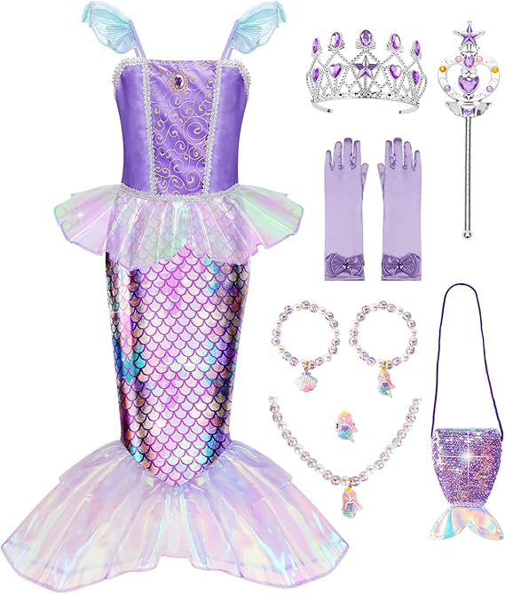 Meland Mermaid Dress for Girls Age 3-10, Princess Dress Up Costume Toy Gift | Princess Dress Up Clothes for Toddler Girls, Princess Dress with Bag, Mermaid Toys for Party, Halloween Costume for Kids Girl
