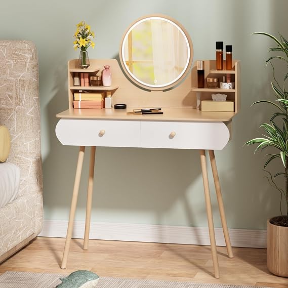 Compact Makeup Vanity Desk with Mirror and Lights, Corner Vanity Mini Desk with Storage Drawer, Dressing Table for Small Space (White)