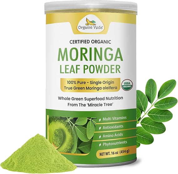 Organic Veda Moringa Powder - USDA Certified Organic Moringa Powder Superfood - Premium Harvest Single Origin True Green Moringa Oleifera, Vitamins, Antioxidants Nutrients Dense Leaf Powder - 16 oz