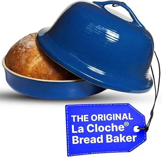 Sassafras Superstone Stoneware La Cloche Bread Baker with Blue Glazed Exterior and Unglazed Interior Bakes an Artisan Bread with Crusty Crust and a Light Crumb
