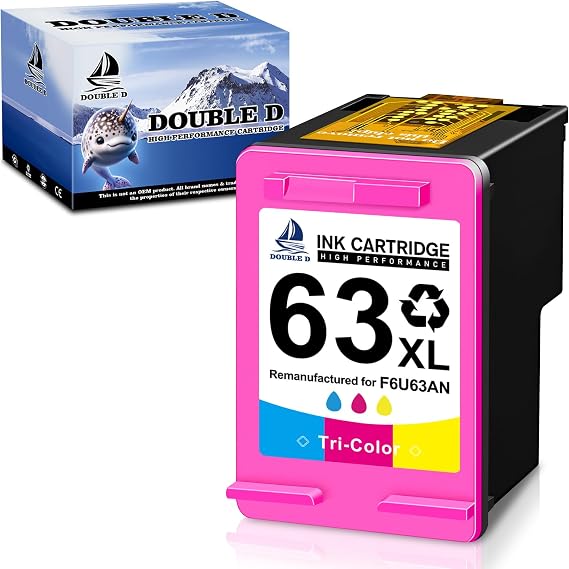 DOUBLE D 63XL Tri-Color Remanufactured Ink Cartridge Replacement for HP 63 XL 63XL use with OfficeJet 3830 Envy 4520 4512 OfficeJet 4650 5255 5258 Deskjet 1112 3634 3639 3632 Printer (1 Tri-Color)