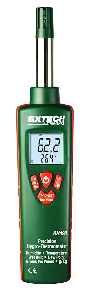 EXTECH RH490 - Precision HYGRO-Thermometer with GPP (Grains per Pound) | RH (2% accuracy), temp, dew point, wet bulb, grains per pound (GPP), dual display, MIN/MAX, data hold, case