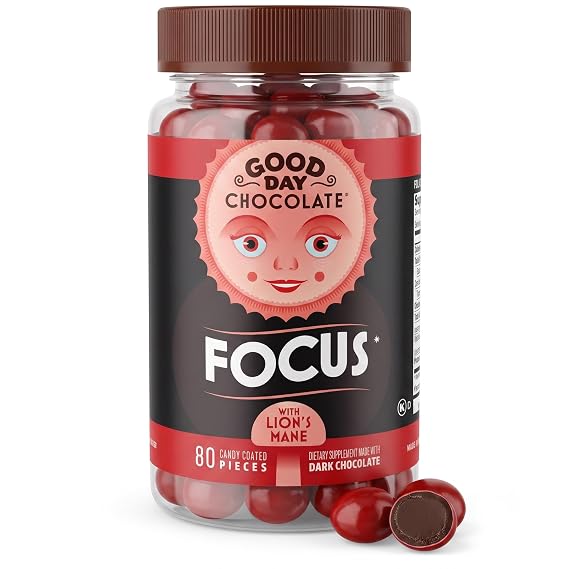 Good Day Chocolate Focus - Dark Chocolate with Lion's Mane Mushroom, Nootropics & Brain Nutrients for Clarity, Memory & Mental Stamina - 80 Count
