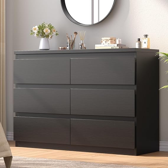 Jocoevol Modern 6 Drawer Dresser Black Dresser for Bedroom, Simply Chest of Drawers, Wood Storage Dresser with Deep Drawers for Living Room Hallway Entryway, Black