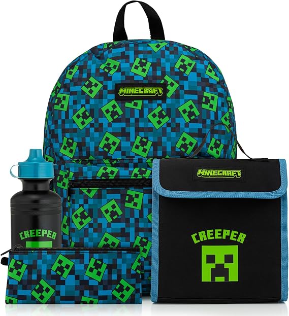 Minecraft Kids Backpack 4 Piece School Set Including Lunch Bag, Water Bottle and Pencil Case (Green)