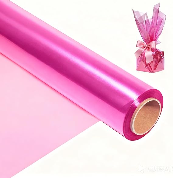200 ft Pink Cellophane Wrap Roll (16 In x 200 Feet) - 2.5 Mil Thick for Gift Baskets, Bouquets, Party Decorations
