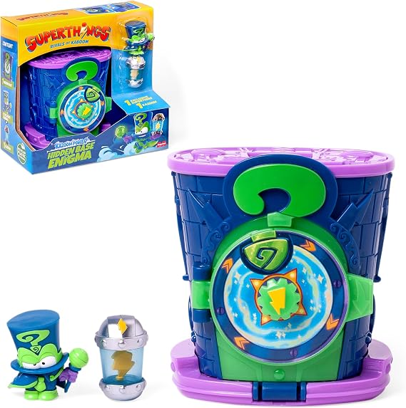 SUPERTHINGS KAZOOM POWER – Hidden Base Enigma. Enigma's secret base from the animated series "Kazoom Power." Contains 1 Hidden Base, 1 Exclusive Enigma, and 1 Exclusive Kazoom.