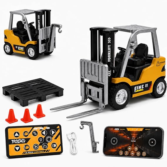 1/64 Mini RC Forklift, APP & 2.4GHz Remote Control, Liftable Forks, Hook Accessory, Type-C Rechargeable, LED Lights Sound, Alloy RC Construction Vehicles Toy Gift for Kids