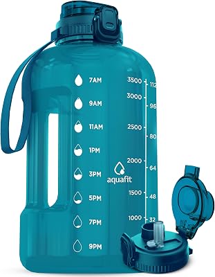 AQUAFIT 1 Gallon Water Bottle with Time Marker - Straw & Chug Lid - BPA Free Gym Water Bottle with Straw - Big Gallon Jug Aqua, 128 oz - 2in1 Lid