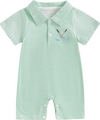 Gueuusu Newborn Baby Boy Golf Outfit Short Sleeve Golf Embroidery Collared Romper Button Lapel One Piece Summer Outfit