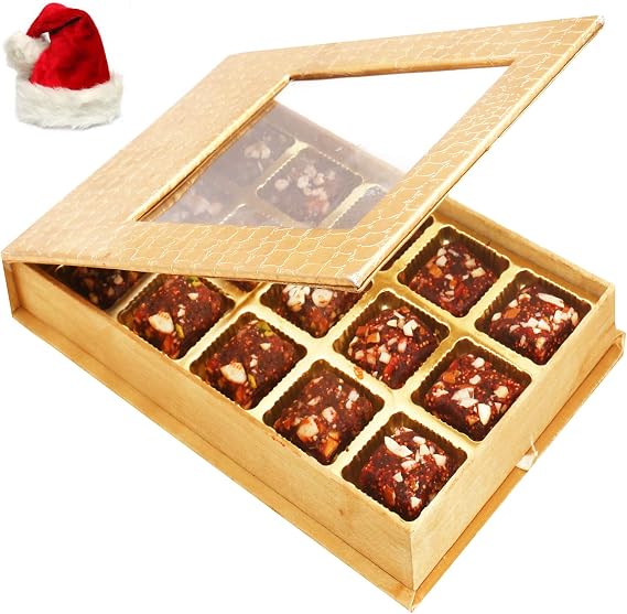 Ghasitaram Gifts Christmas Gifts Healthy Hampers - Golden Leather Finish 15 pcs Sugarfree Dates and Figs Bites Box