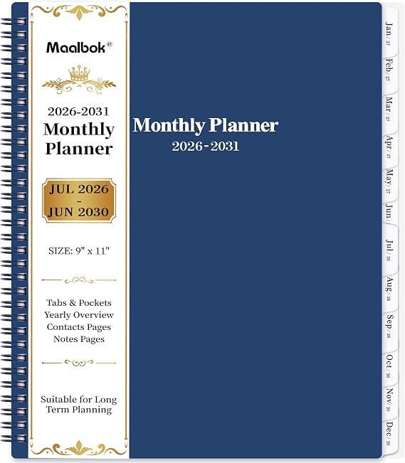 2026-2031 Monthly Planner/Calendar - Jul 2026 - Jun 2031, 5 Year Planner with Tabs & Celebrity Quotes, 9" x 11", 60 Monthly Calendar 2026-2031, Two-Side Pocket, Suitable for Long-Term Planning - Blue