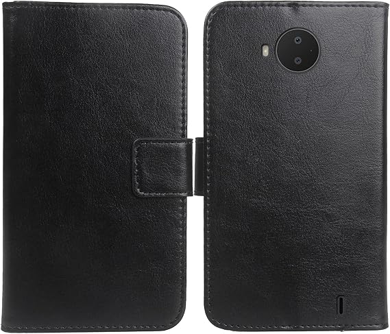 Color Design PU Wallet Flip Leather with Card Slots Cover Skin Protection Case TPU Silicone Shell for Nokia C20 Plus 6.5" (Black)