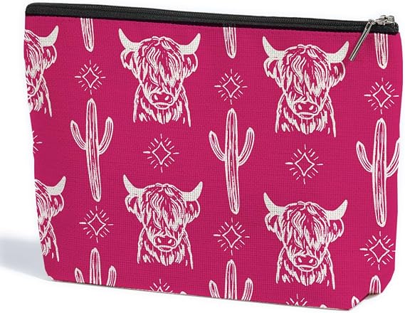 ZHAMEN Western Cow Makeup Bag, Western Gifts for Women, Stuff Highland Cow Gifts Cowgirl Gifts Retro Cosmetic Bag Zipper Pouch for Mothers Day Graduation Birthday (Rose Red)