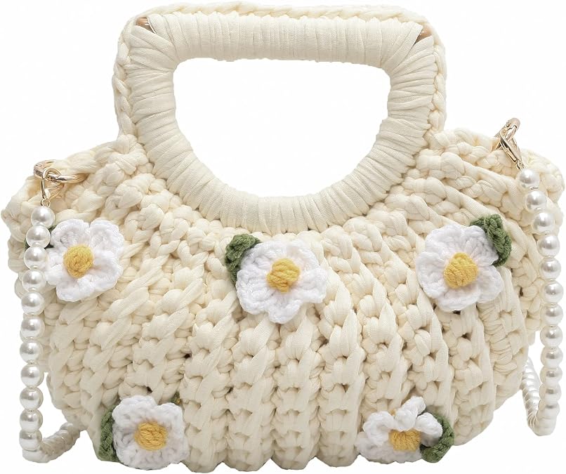 Small Crossbody Bags for Women Crochet Purse with Flower Knitting Bag Cute Boho Bag (Beige)