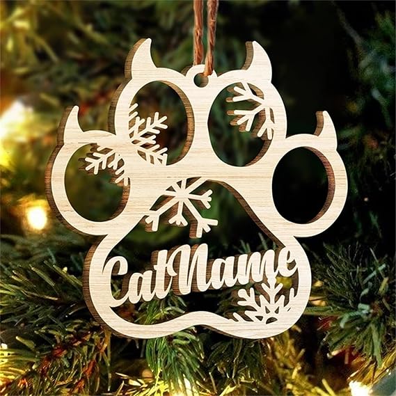 Personalized Christmas Custom Engraved Wood Ornament Custom Dog Paw Christmas Ornament, Laser Engraved Name, Angel Wings Wooden Ornament Pet Memorial Charm (B)