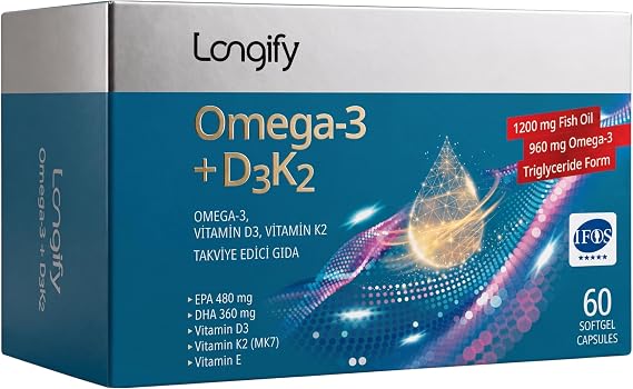 Longify Omega 3 + D3K2, Yüksek EPA & DHA, Vitamin D3, Vitamin K2 (MK7), Vitamin E, Balık Yağı, 60 Yumuşak Kapsül