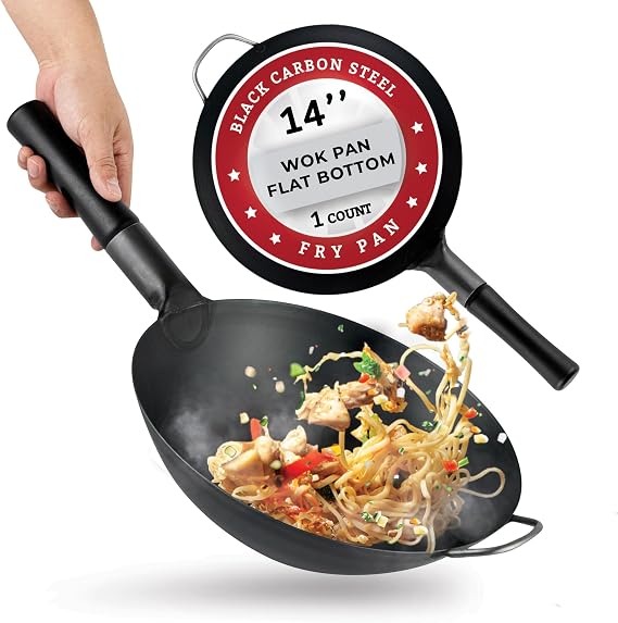 Restaurantware Carbon Steel Wok 1 Pack of 13.3 Inch Heavy-Duty Uniform Heat Distribution Pan Induction Compatible Flat Bottom Wok Welded Handle Black For Gas Stovetops And Grills