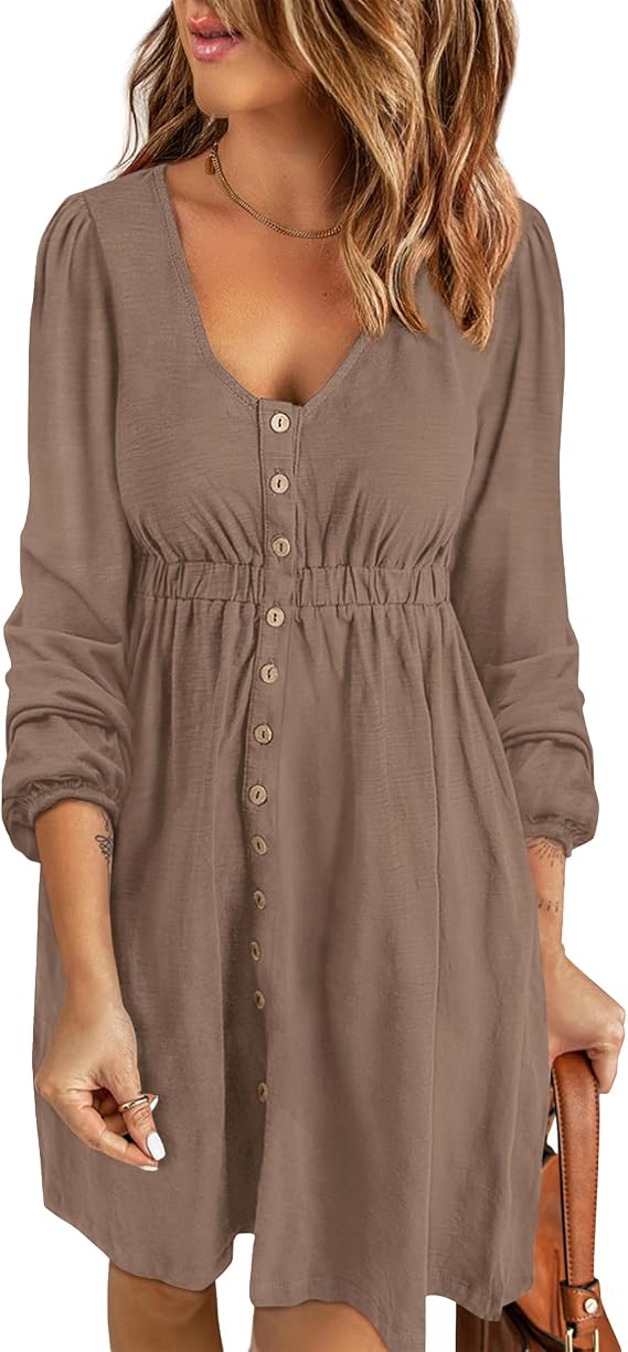 BTFBM Casual Fall Dresses for Women 2025 Long Sleeve Button Down Crew Neck Empire Waist A Line Mini Short HOCO Dress
