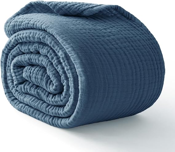 100% Cotton Muslin Blanket for Adults, 6-Layer Twin XL Throw, 66 x 90, Blue