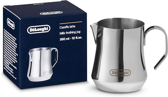 De'Longhi デロンギ Stainless Steel Milk Pitcher DLSC060 Manual Steam for Milk Pitcher, Made in Italy, 11.8 fl oz 350 ml Foam Milk, De'Longhi Fully Automatic Coffee Machine Espresso Machine Silver