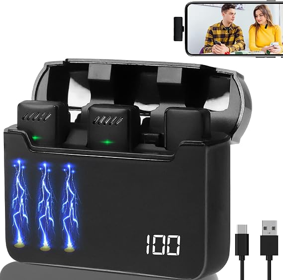 PEMOTech 2 Pack Wireless Lavalier Microphone for iPhone iPad with Charging Case, Plug-Play 6H Battery, Noise Cancellation, Wireless Lapel Mic for Video Recording Vlogging YouTube Interview