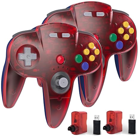 KIWITATA 2 Pack Wireless N64 Controller for Switch/Switch 2, 2.4GHZ N64 Remote Joystick Wireless Game Controller Compatible with Raspberry Pi, N64 System, Windows 7,8,10,11 PC & MAC Clear Red