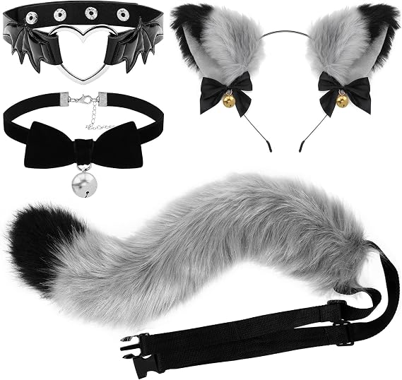 XEPST Cat Cosplay Costume Set Cat Ears and Animal Tail Kit, Faux Fur Furry Fox Wolf Tail Kit with Ears and Bells Collar for Anime Fancy Dress Party Halloween Christmas Dress Up Carnival Role Play