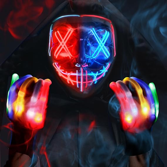 Max Fun Halloween Mask Glowing Gloves for Halloween Costume Cosplay Party Led Light Up Scary Masks for Halloween Party