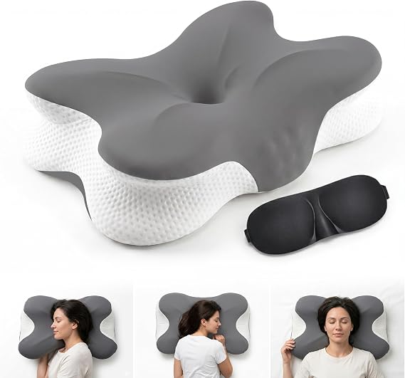 Cervical Memory Foam Neck Pillow Ergonomic for Neck and Shoulder pain support, ideal for Back,Side and Stomach sleeper 2-Height Cooling | Eye Mask