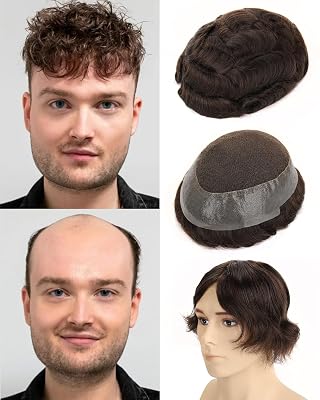 BEEOS Australia Toupee Hair for Men, 8x10 Inch Lace Top with Thin Skin Around Base Mens Indian Remy Human Hair Replacement System Natural Hairline Mens Wig #3 Dark Brown