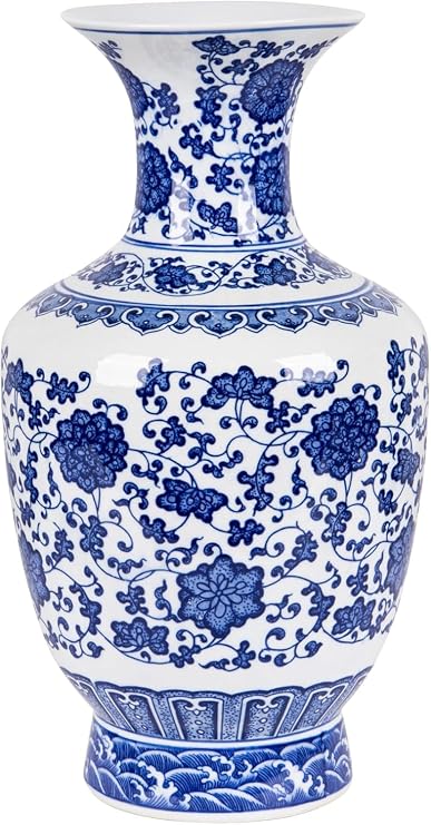 13 Inch Blue and White Porcelain Vase, Big Art Decor Vase