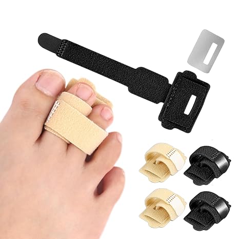 4PCS Hammer Toe Straightener With Metal Plate,Fabric Hammer Toe Corrector,Toe Straighteners for Bent Toes,Hammer Toe Splints for Broken/Bent/Crooked/Overlapping Toes(Black+Skin)