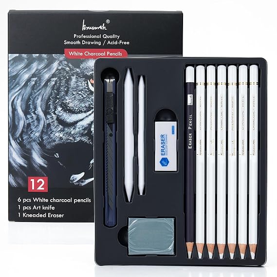 Brusarth White Charcoal Pencils Set - 12 Piece White Colored Pencils for Drawing, Sketching, Shading, Blending, Cjarcoal Pencils for Beginners & Pro Artists