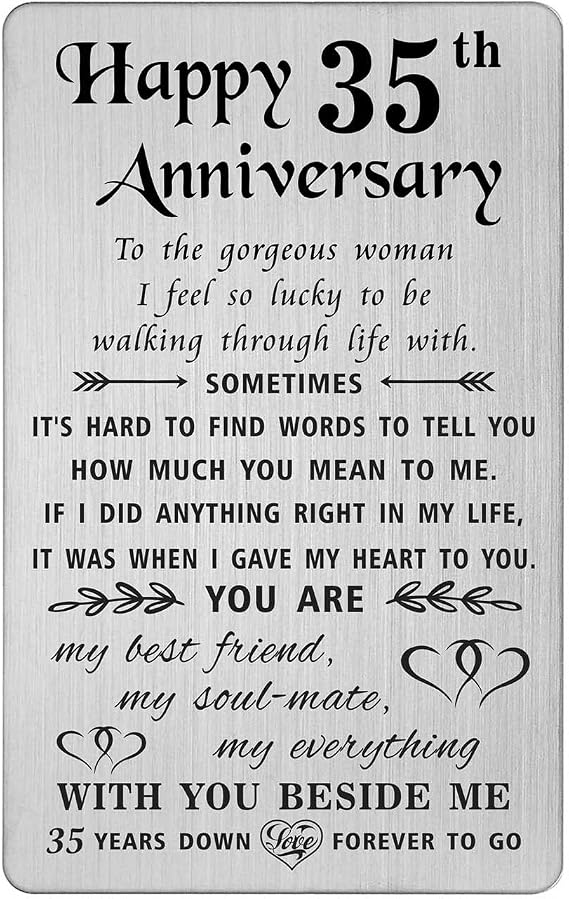 TANWIH 35th Anniversary Card for Her Wife, 35 Year Anniversary Card Gifts for Her Women, Coral Gifts for 35th Wedding Anniversary for Wife, Engraved Metal Wallet Cards