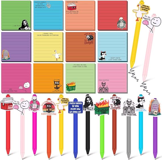 Colarr 12 Sets Funny Desk Accessories, 12 Pads Sarcastic Sticky Notes, 12 Cute Pens, 3 x 3 Inches Notepads Memo Pad for Office Supplies Meeting Co-Worker Students School Decor Teacher Gifts