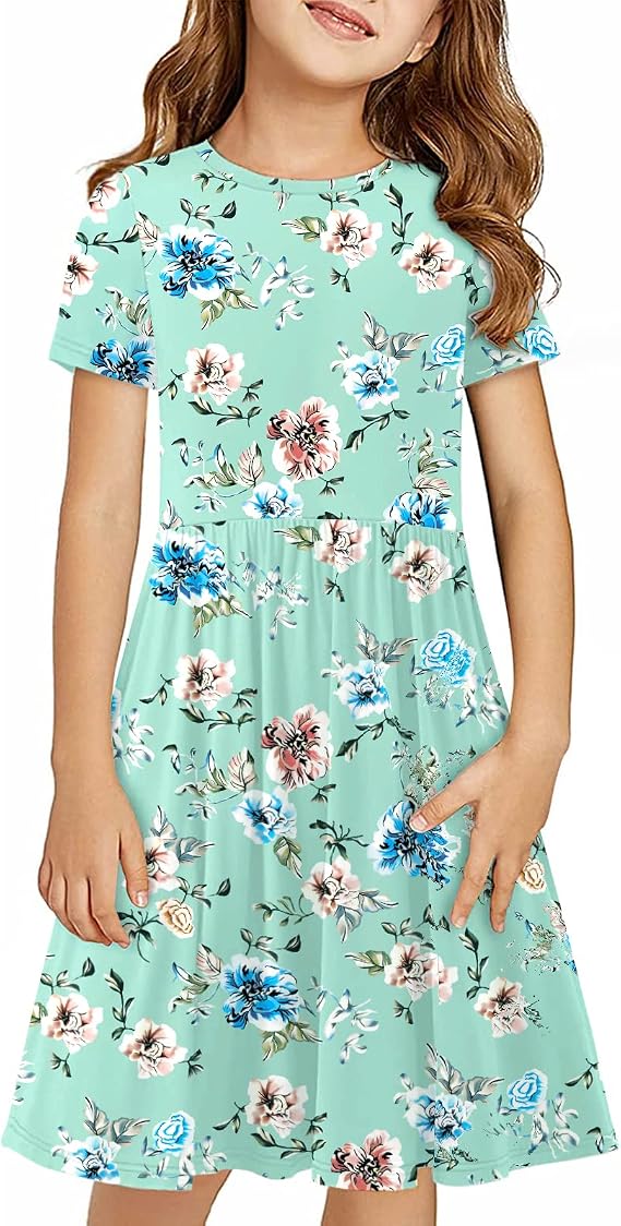 KYMIDY Girls Short Sleeve Floral Dress Kids Boho Casual Twirly Skater Dress with Pockets for Girls 6-13 Years