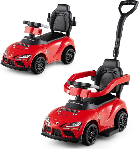 COSTWAY 3 in 1 Ride on Push Car, Licensed Toyota Stroller Sliding Walking Car with Handle, Music, Safety Guardrail & Under-Seat Storage, Toddler Foot to Floor Slider for Boys Girls 1.5-5 Years (Red)