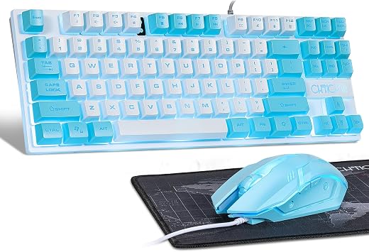 CHONCHOW Blue Keyboard and Mouse Combo, 87 Keys TKL USB Wired LED Light Up Backlit Keyboard, 800-3200 DPI RGB Mouse, Blue Mouse and Keyboard Combo for PS4 PS5 PC Laptop Mac Computers, Main White