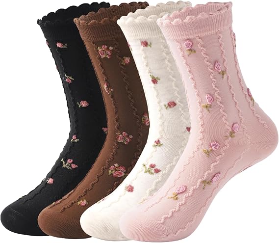 Funjoon Womens Cute Crew Socks Ruffle Frilly Floral Heart Cotton Socks For Women Novelty Dress Ladies Socks