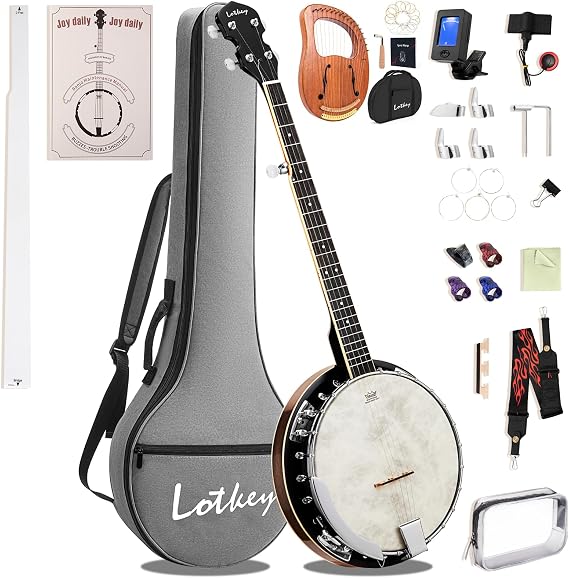 Lotkey 38 Inch 5 String Banjo with 16 Metal Strings Iron Saddle Mahogany Lyre Harp